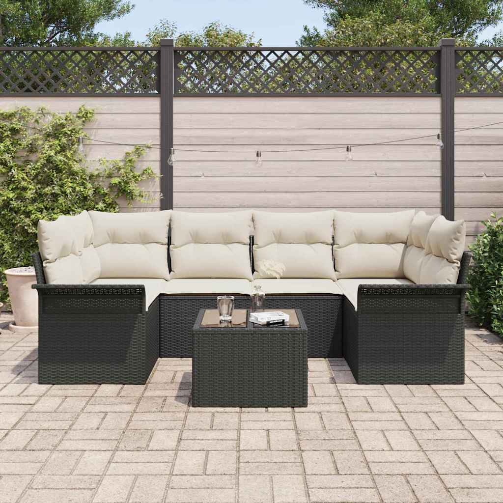 Havesofa Sæt med pude 7 pcs Sort polyrattan
