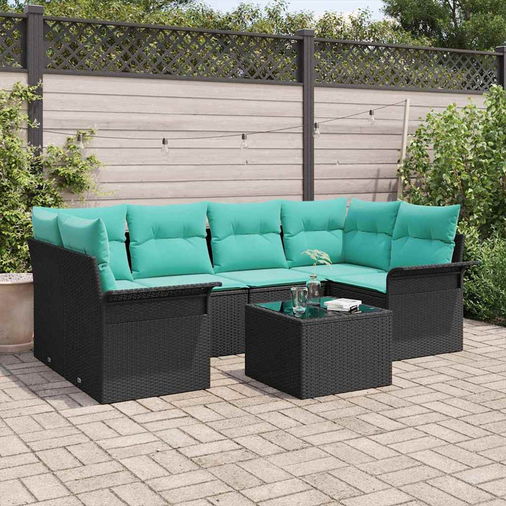 Havesofa Sæt med pude 7 pcs Sort polyrattan
