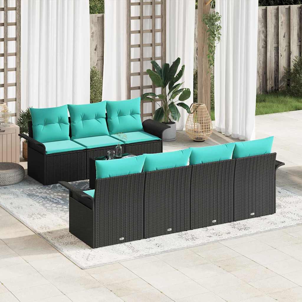 Havesofa Sæt med pude 8 pcs Sort polyrattan