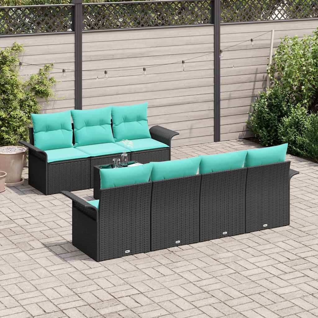 Havesofa Sæt med pude 8 pcs Sort polyrattan