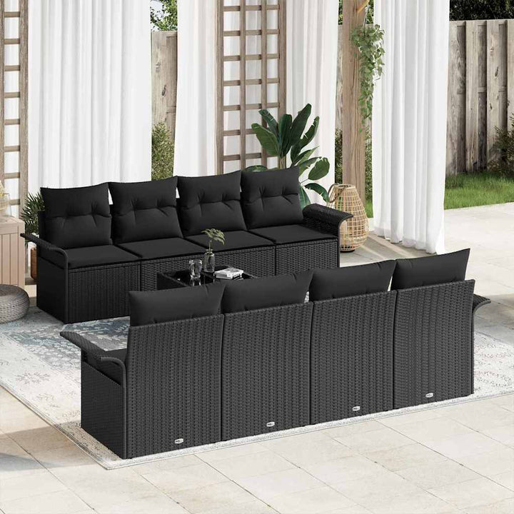 Havesofa Sæt med pude 9 pcs Sort polyrattan