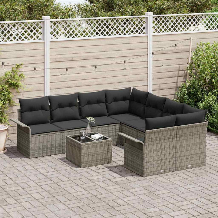 Havesofa Sæt med pude 9 pcs Grå polyrattan