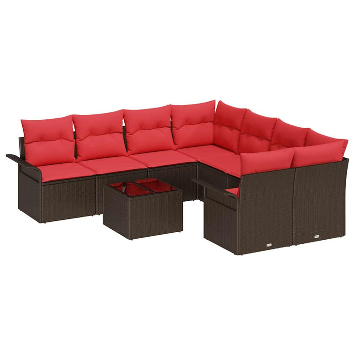 Havesofa Sæt med pude 9 pcs Brun og Rød polyrattan
