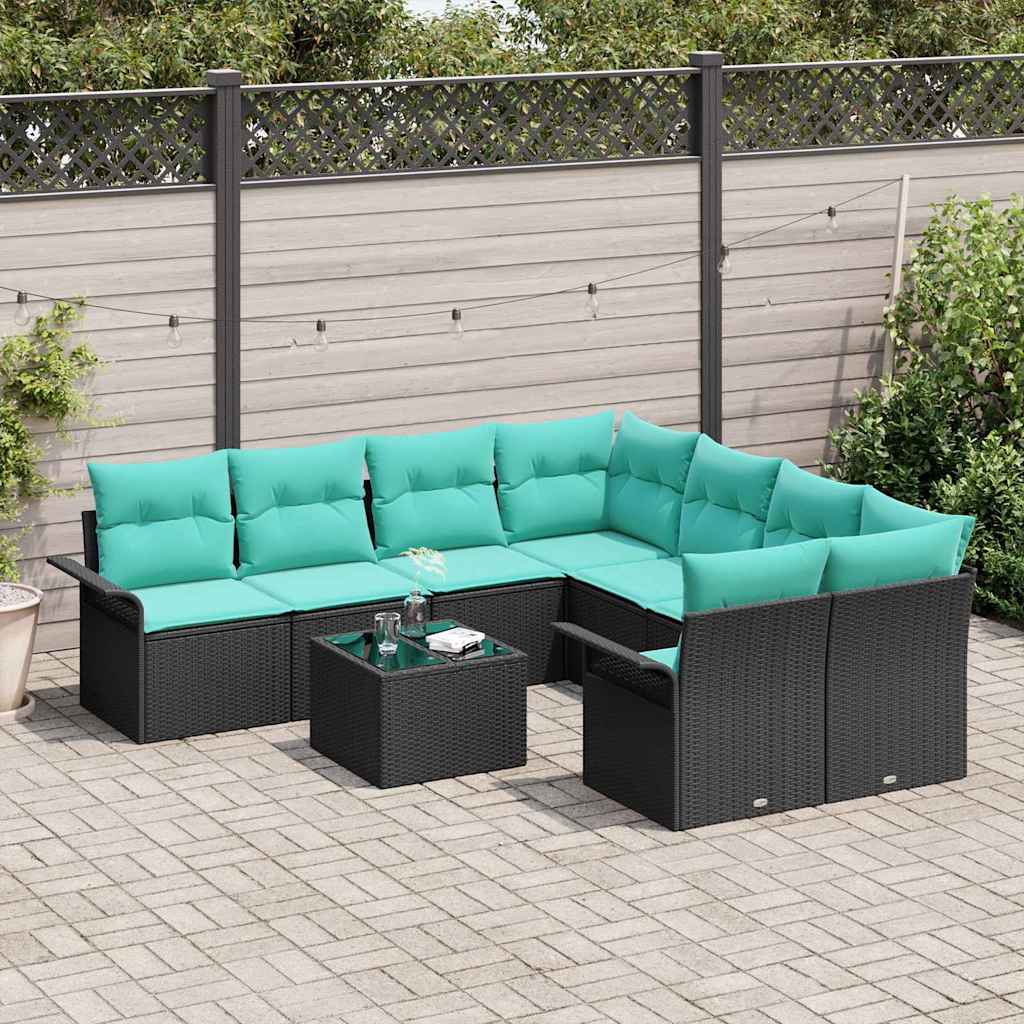 Havesofa Sæt med pude 9 pcs Sort polyrattan