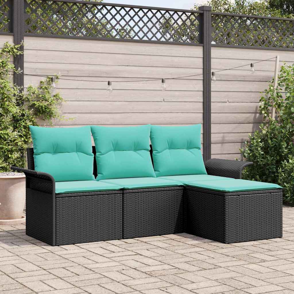 Havesofa Sæt med pude 4 pcs Sort polyrattan