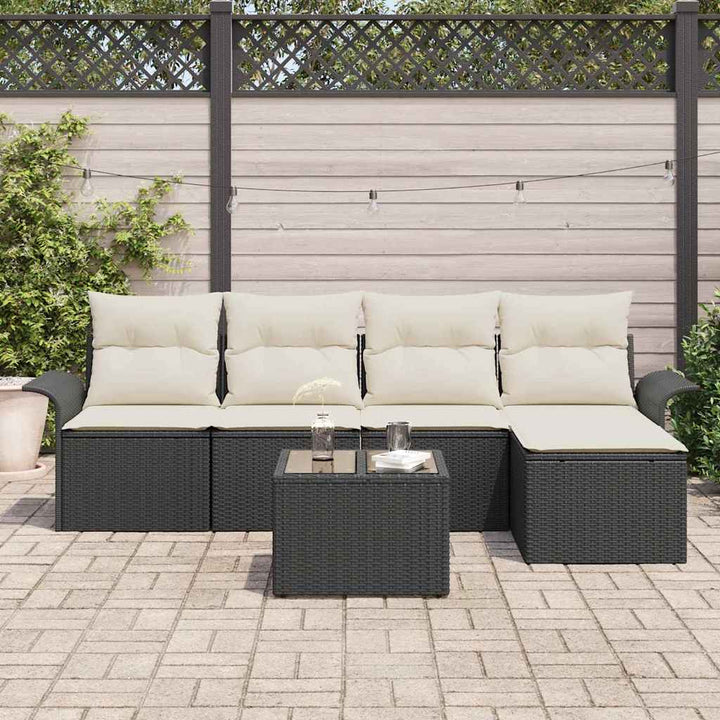 Udendørs sofa med pude 6 pcs Sort polyrattan