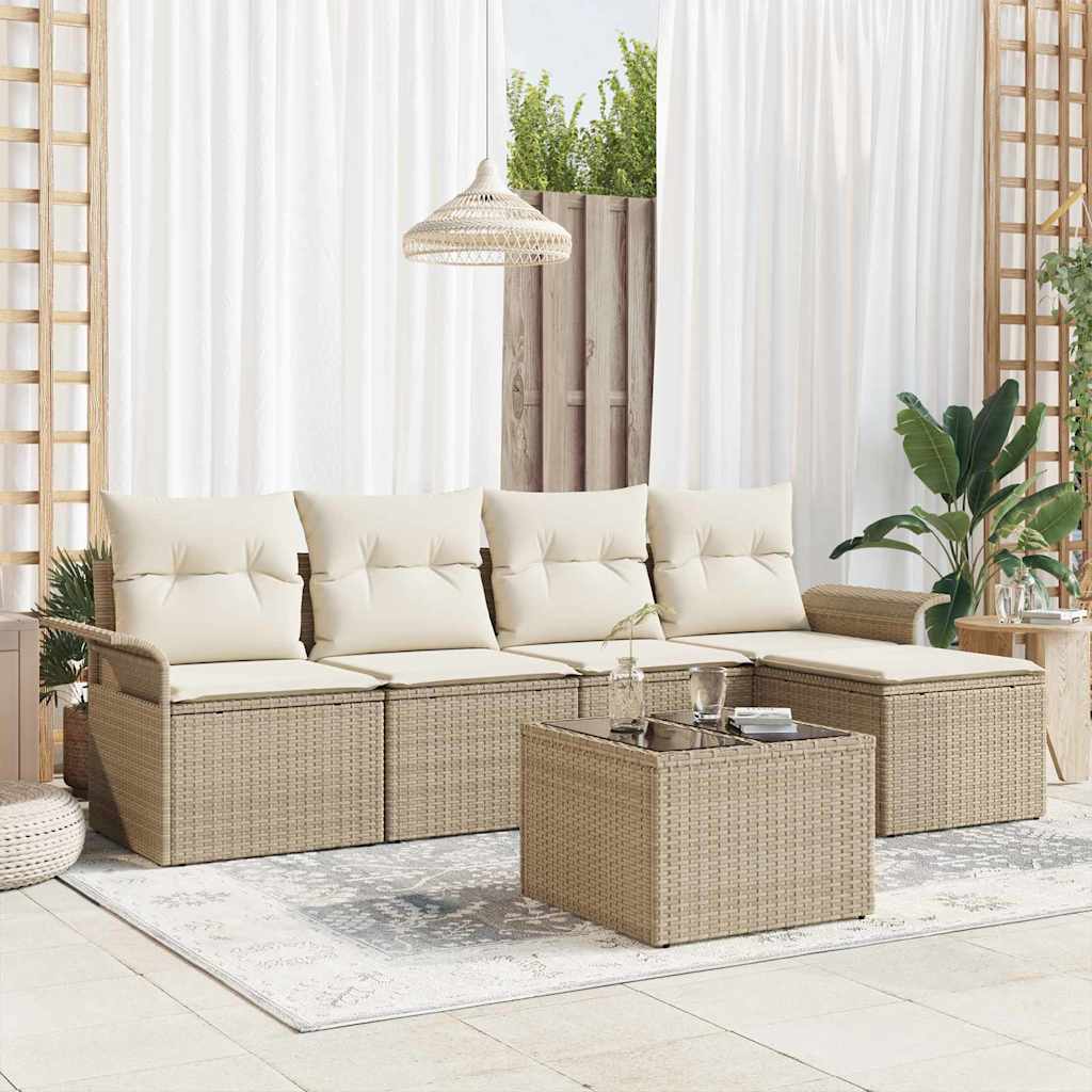Udendørs sofa med pude 6 pcs Beige polyrattan