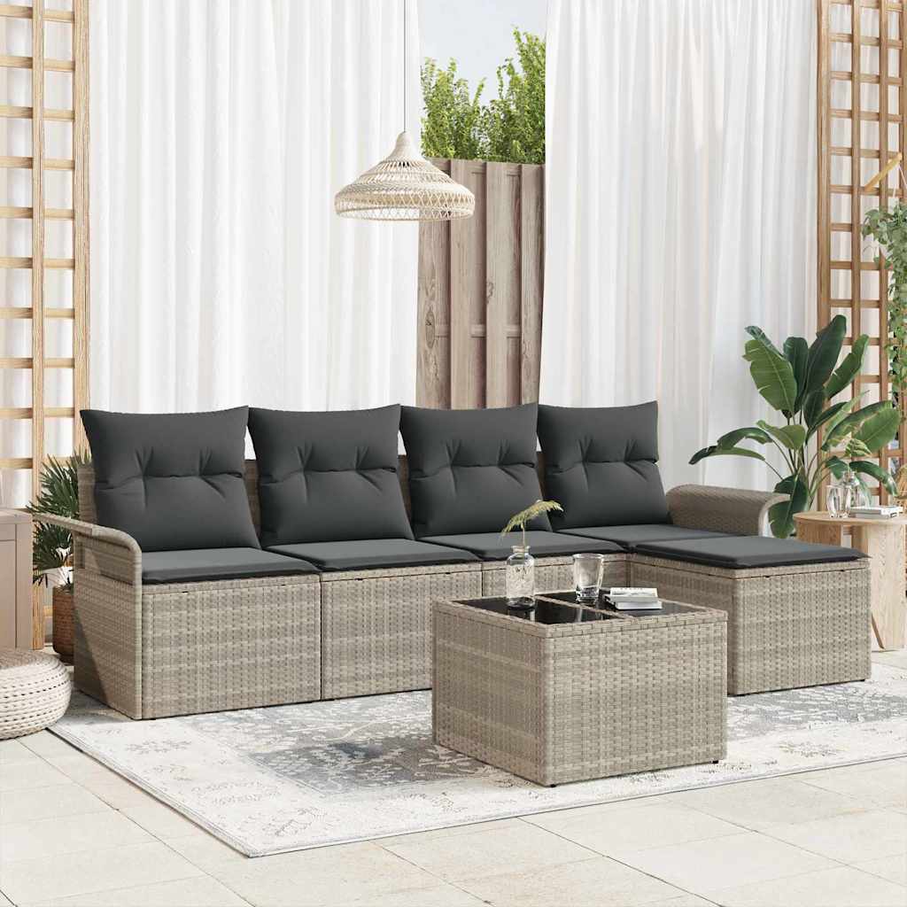 Udendørs sofa med pude 6 pcs Lysegrå polyrattan