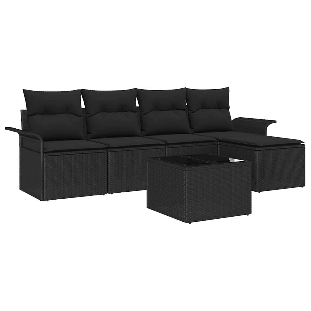 Udendørs sofa med pude 6 pcs Sort polyrattan