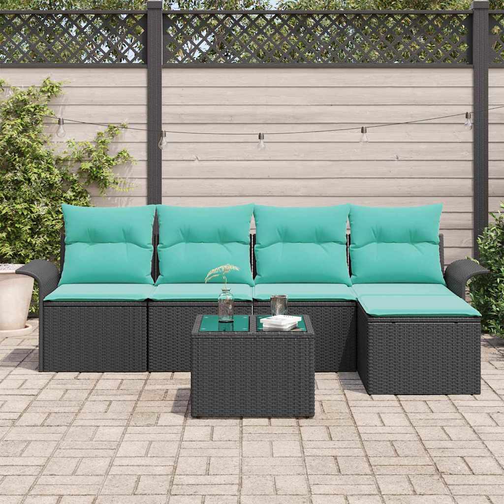 Havesofa Sæt med pude 6 pcs Sort polyrattan
