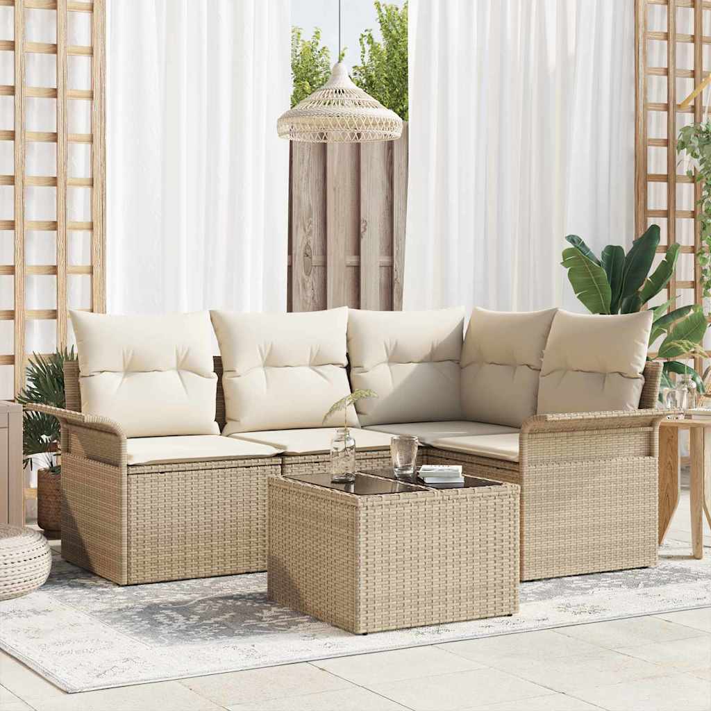 Havesofa Sæt med pude 5 pcs Beige polyrattan