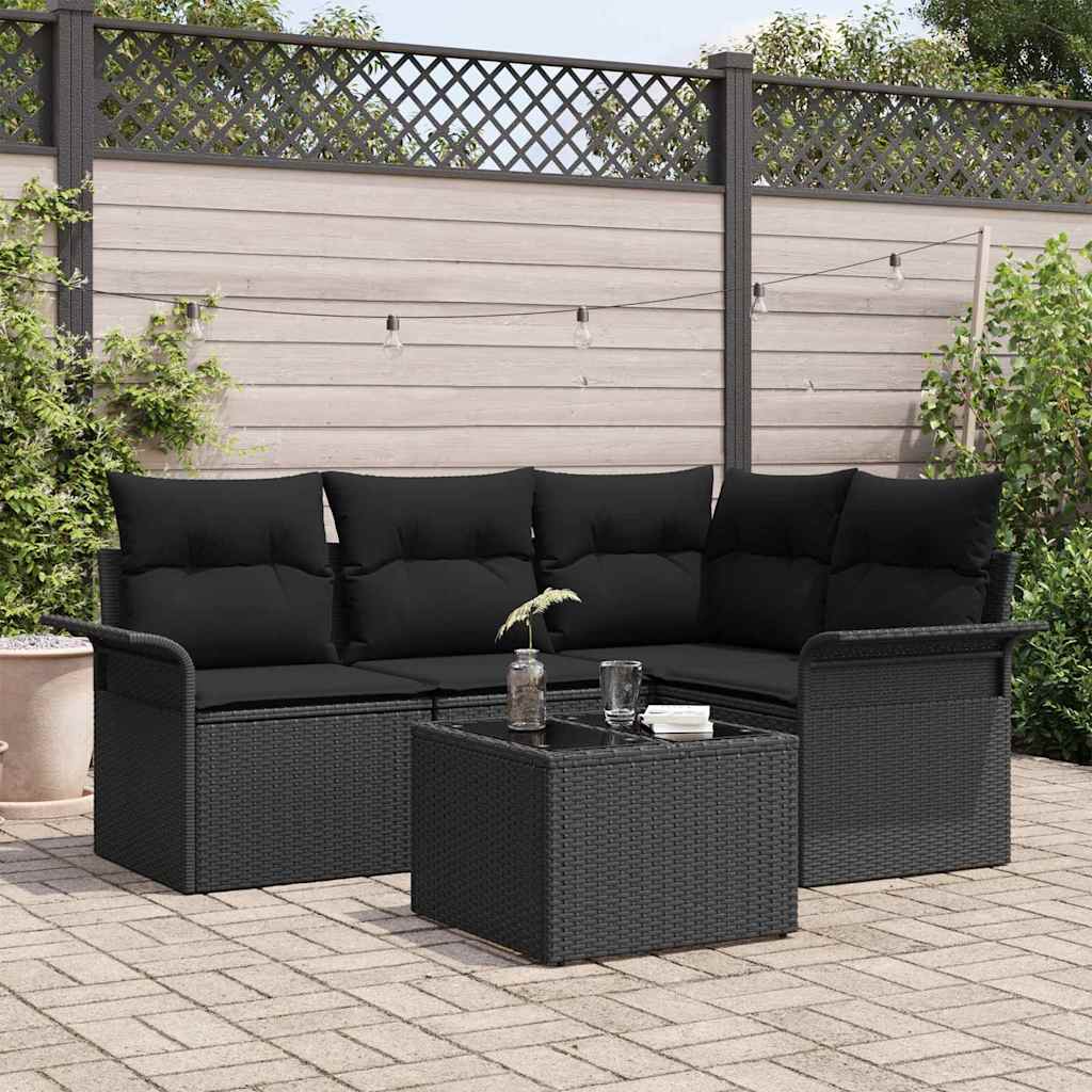 Havesofa Sæt med pude 5 pcs Sort polyrattan