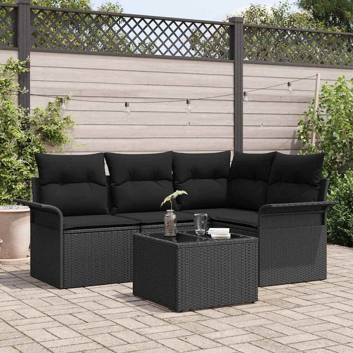 Havesofa Sæt med pude 5 pcs Sort polyrattan