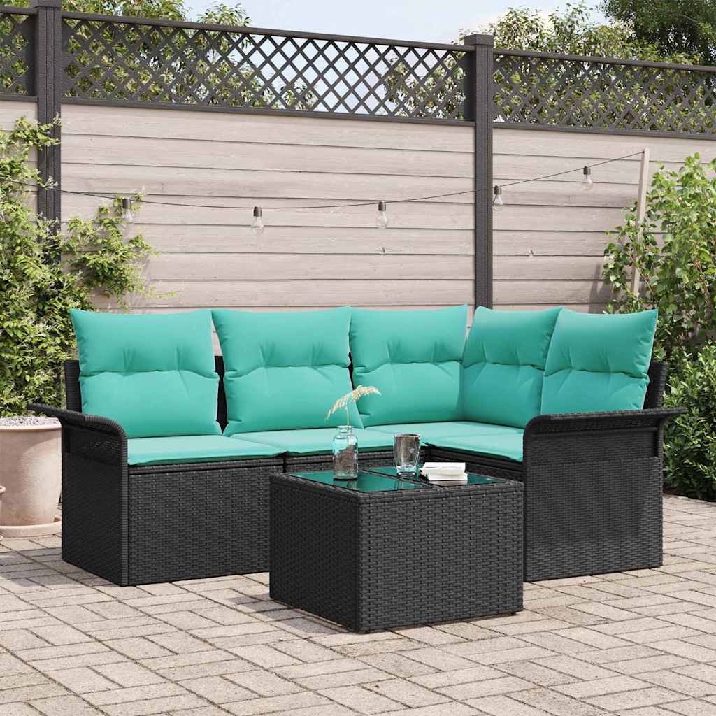 Havesofa Sæt med pude 5 pcs Sort polyrattan