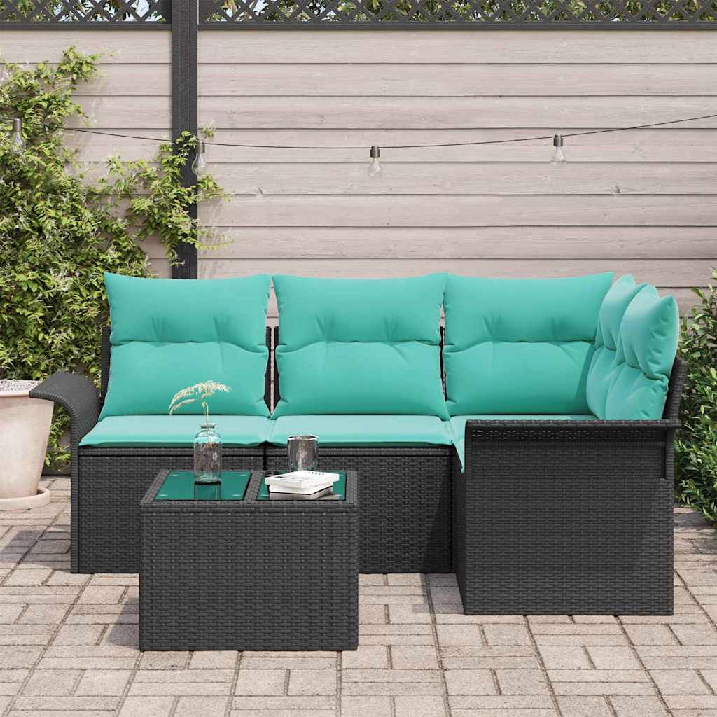Havesofa Sæt med pude 5 pcs Sort polyrattan