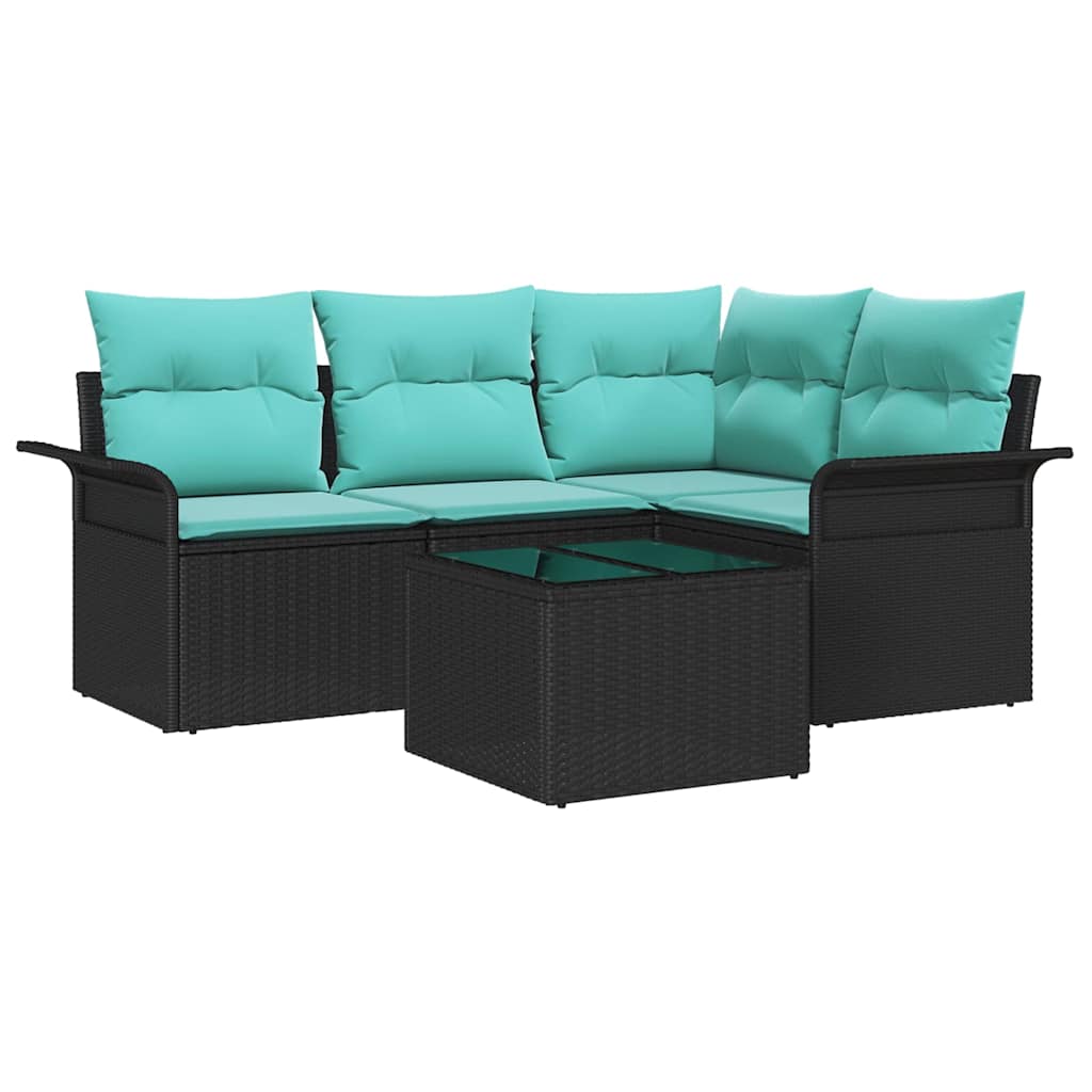Havesofa Sæt med pude 5 pcs Sort polyrattan