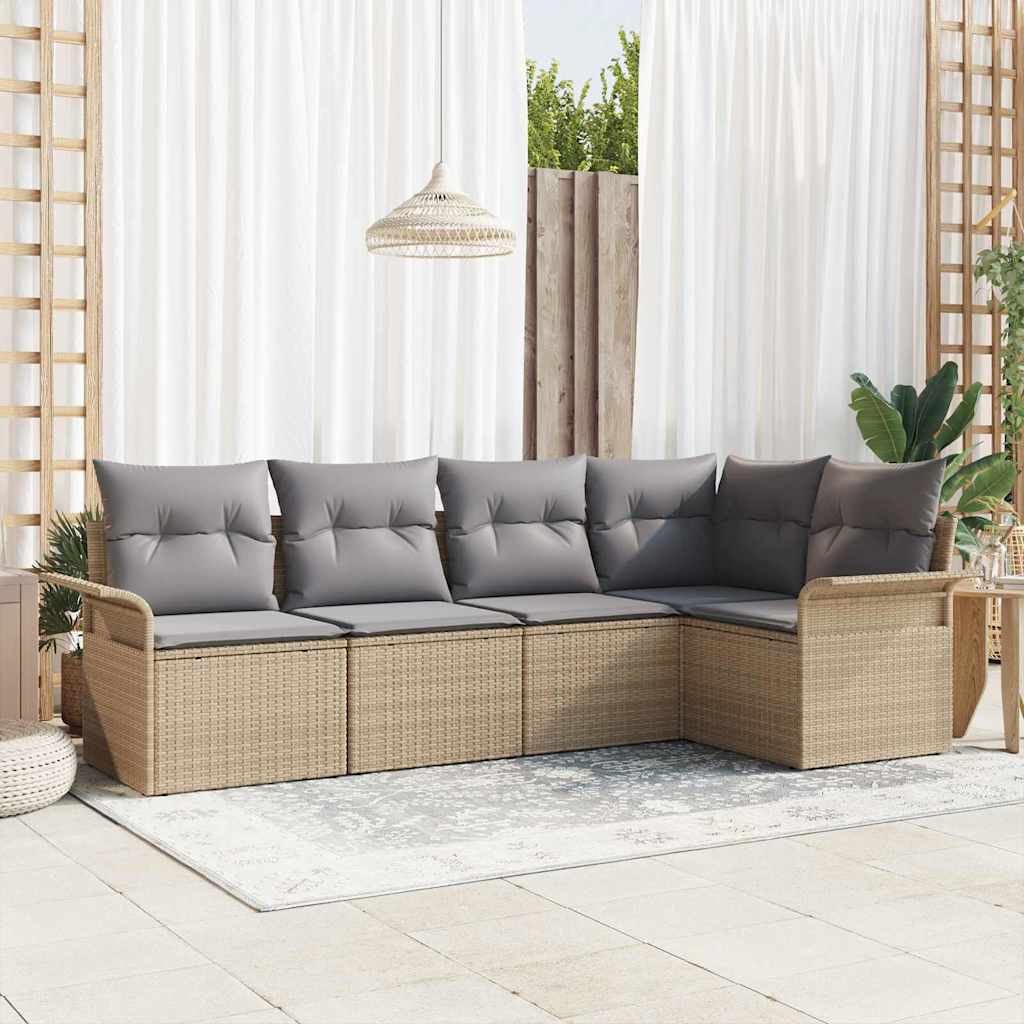 Havesofa Sæt med pude 5 pcs Beige polyrattan