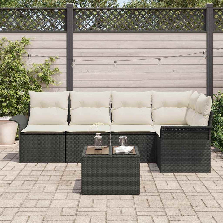 Havesofa Sæt med pude 6 pcs Sort polyrattan