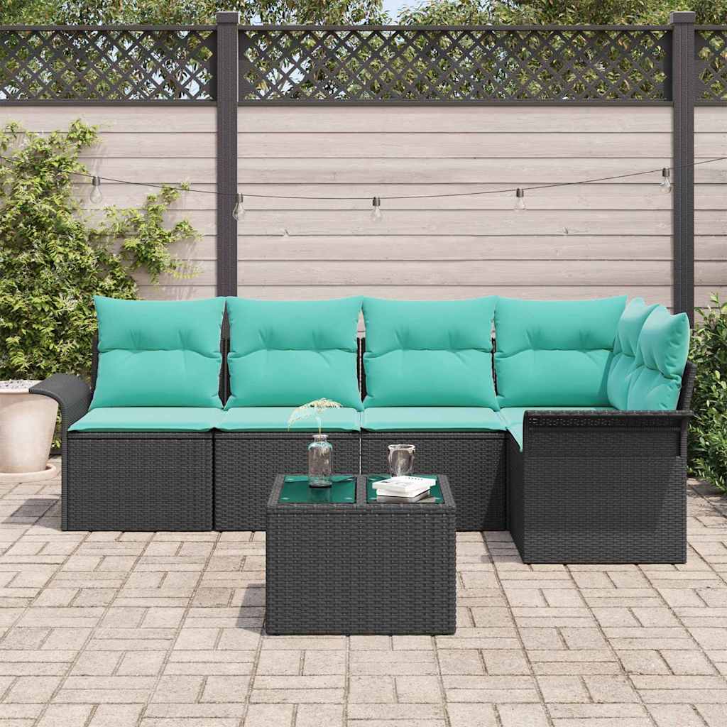 Havesofa Sæt med pude 6 pcs Sort polyrattan