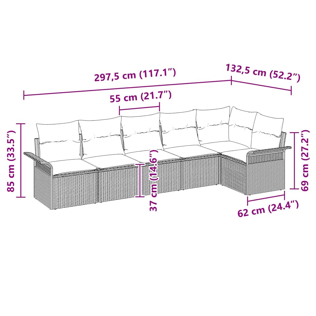 Havesofa Sæt med pude 6 pcs Sort polyrattan