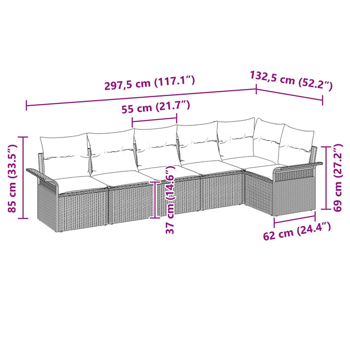 Havesofa Sæt med pude 6 pcs Brun polyrattan