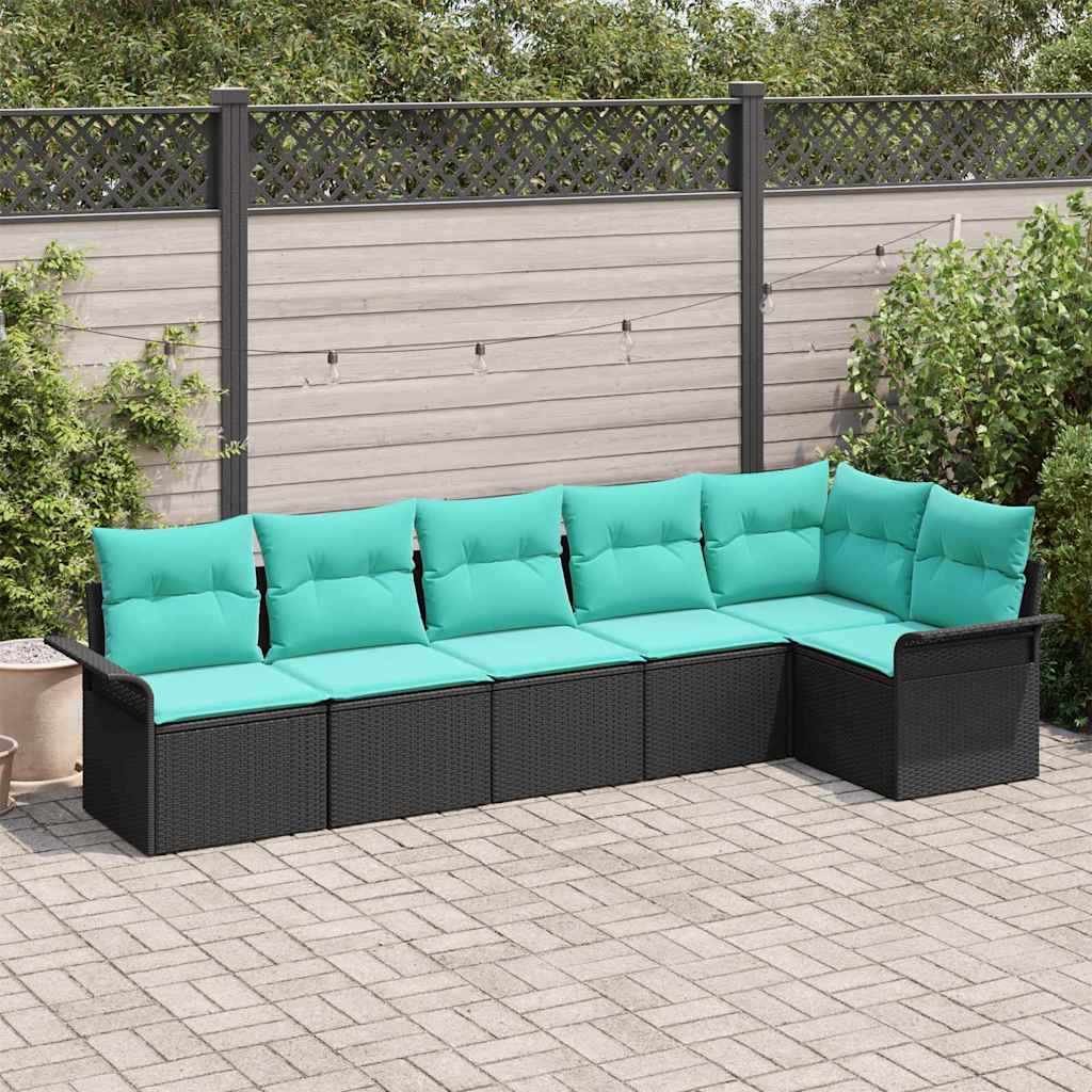 Havesofa Sæt med pude 6 pcs Sort polyrattan