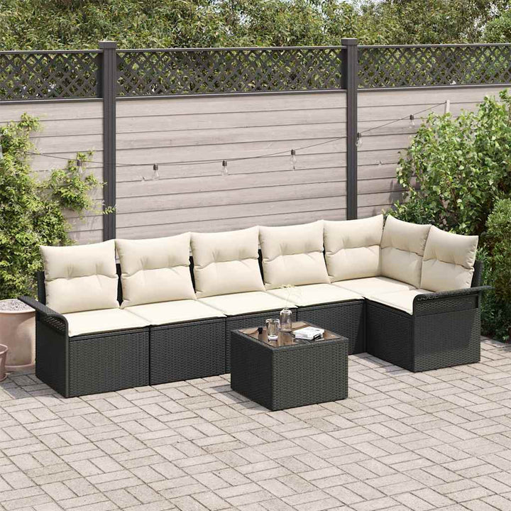 Havesofa Sæt med pude 7 pcs Sort polyrattan