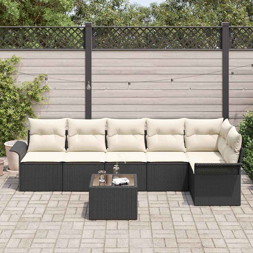 Havesofa Sæt med pude 7 pcs Sort polyrattan