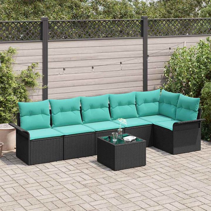 Havesofa Sæt med pude 7 pcs Sort polyrattan