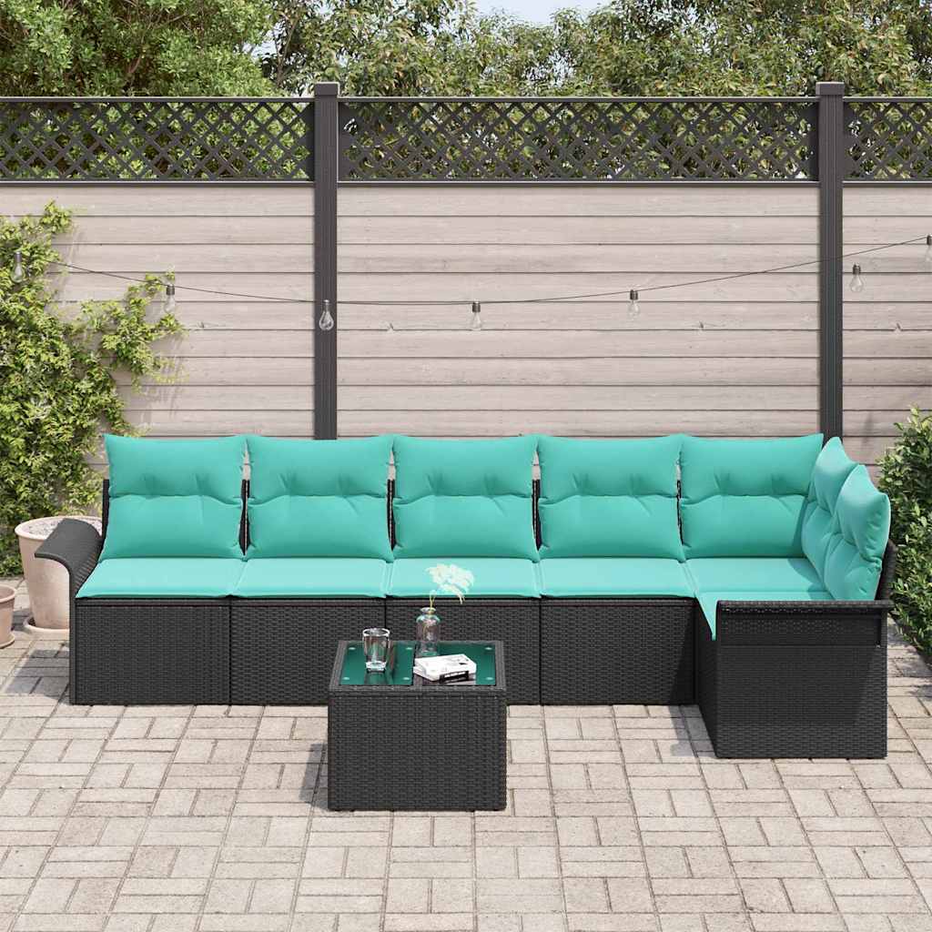 Havesofa Sæt med pude 7 pcs Sort polyrattan