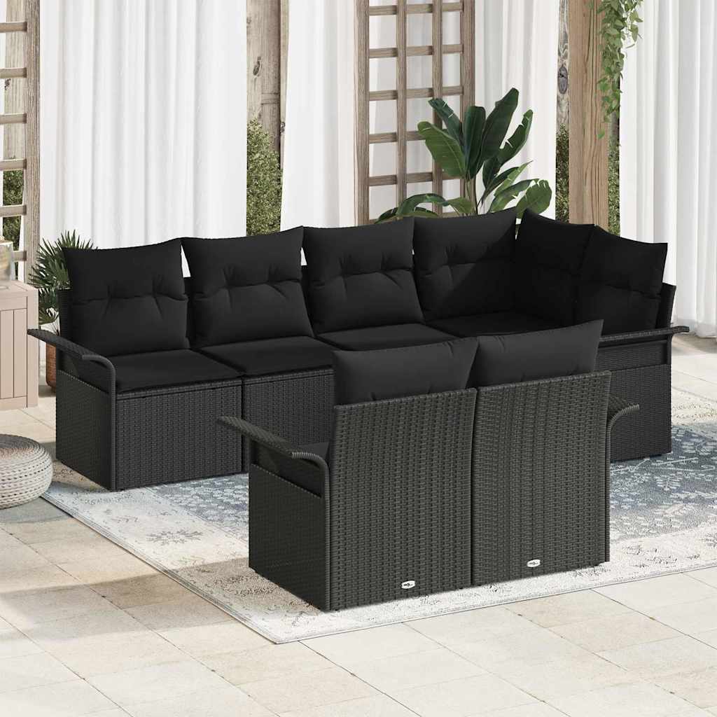 Havesofa Sæt med pude 7 pcs Sort polyrattan