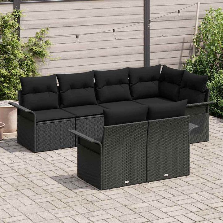Havesofa Sæt med pude 7 pcs Sort polyrattan