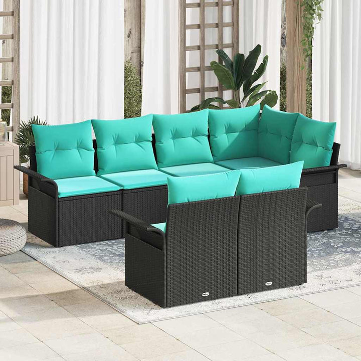 Havesofa Sæt med pude 7 pcs Sort polyrattan