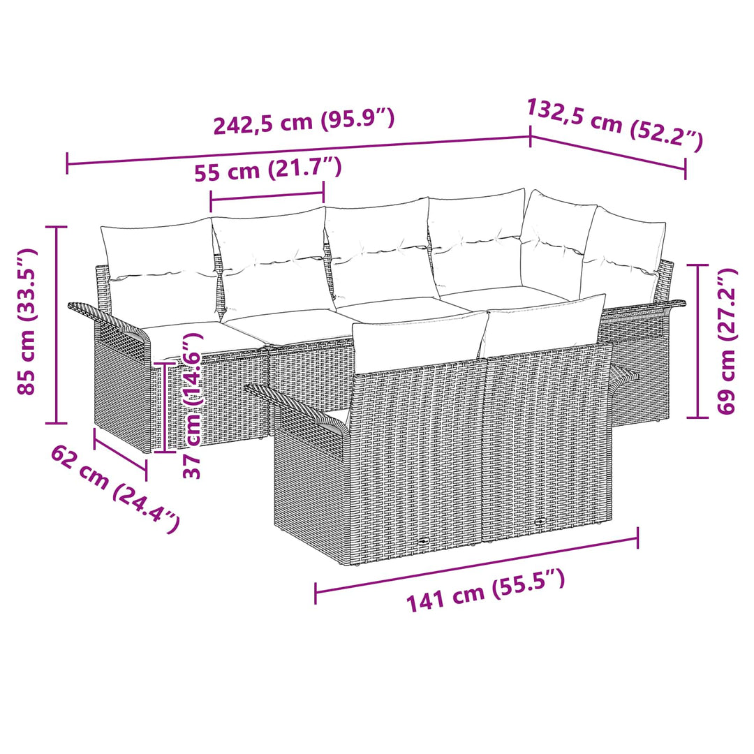Havesofa Sæt med pude 7 pcs Sort polyrattan