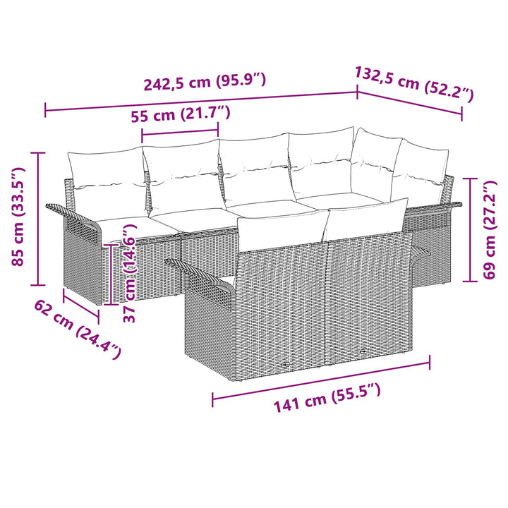 Havesofa Sæt med pude 7 pcs Sort polyrattan