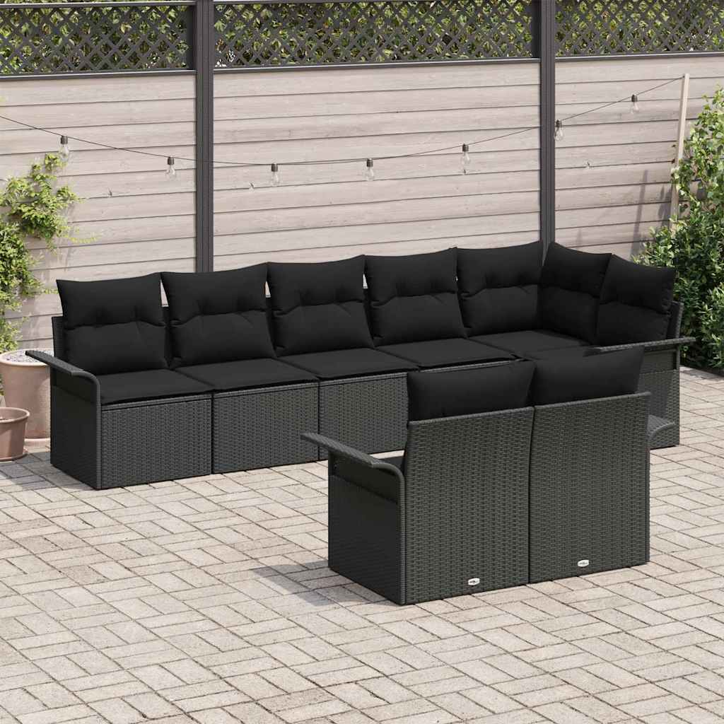 Havesofa Sæt med pude 8 pcs Sort polyrattan