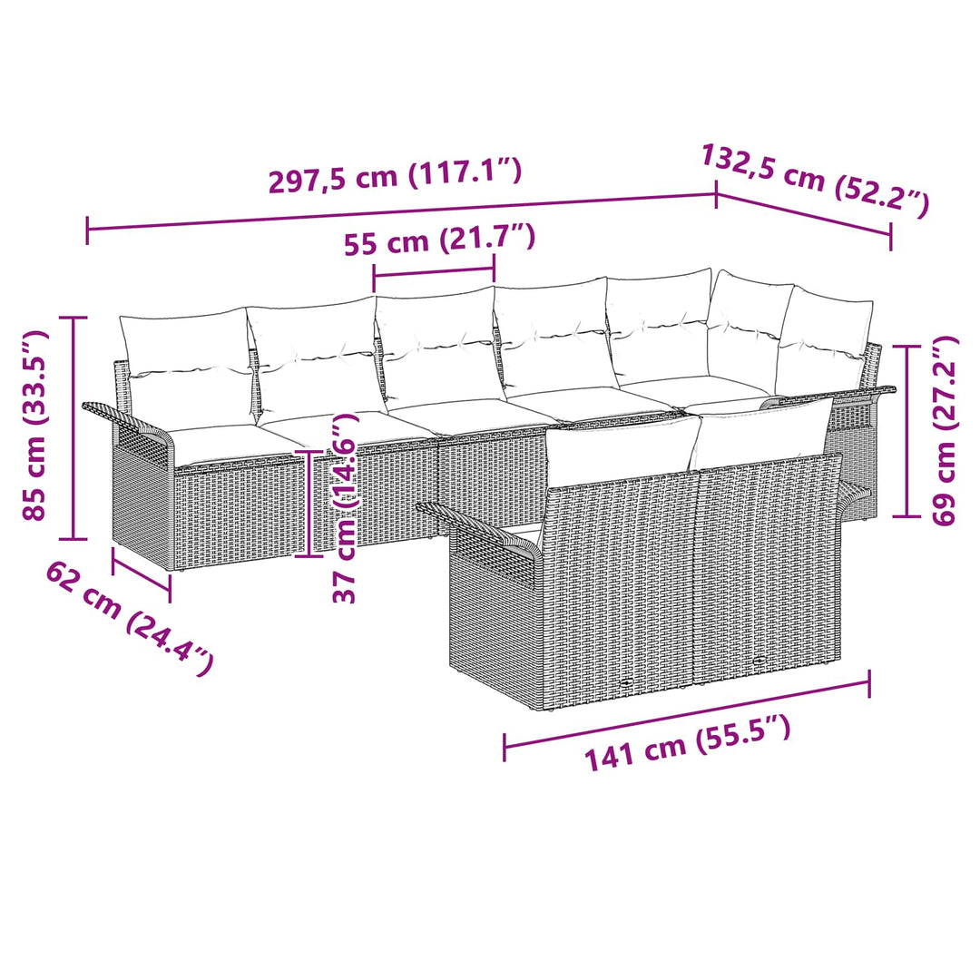 Havesofa Sæt med pude 8 pcs Sort polyrattan