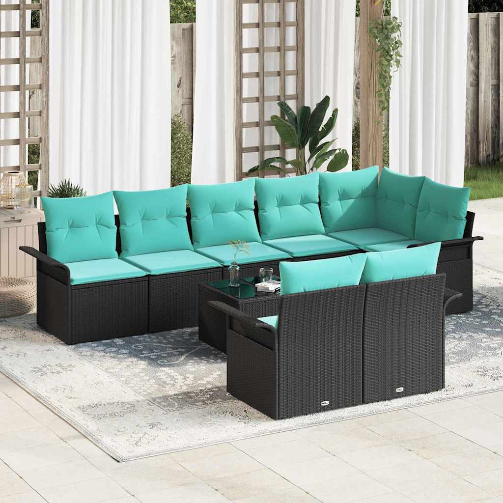 Havesofa Sæt med pude 9 pcs Sort polyrattan