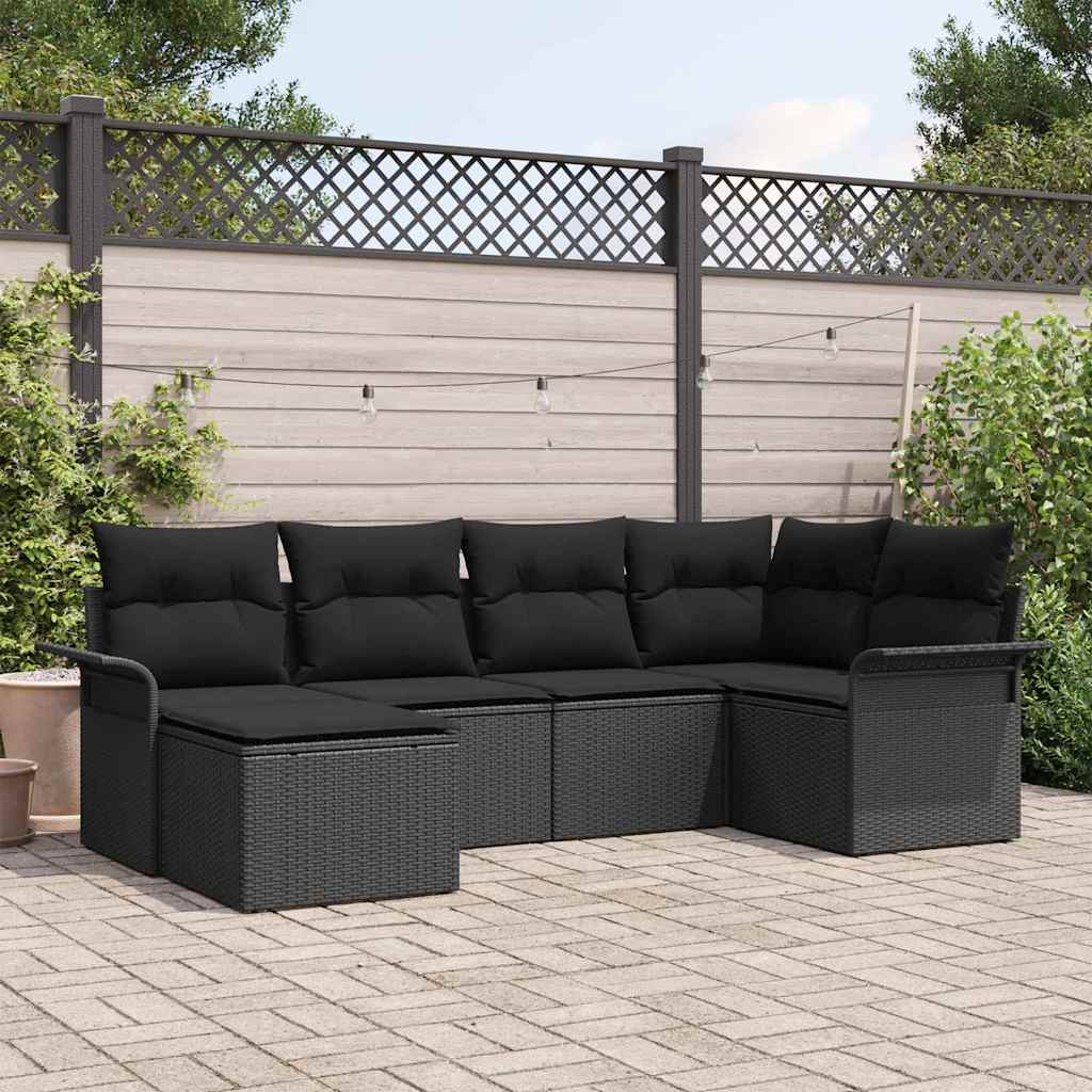 Havesofa Sæt med pude 6 pcs Sort polyrattan