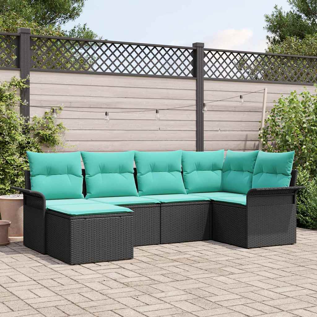 Havesofa Sæt med pude 6 pcs Sort polyrattan