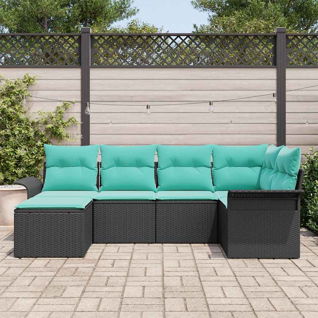Havesofa Sæt med pude 6 pcs Sort polyrattan