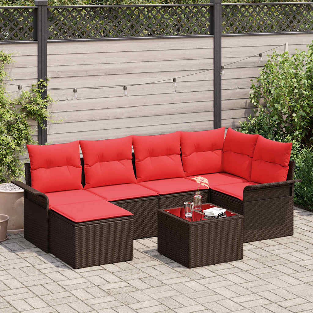 Havesofa Sæt med pude 7 pcs Brun polyrattan