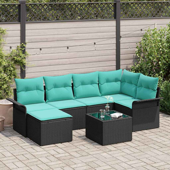Havesofa Sæt med pude 7 pcs Sort Poly rattan