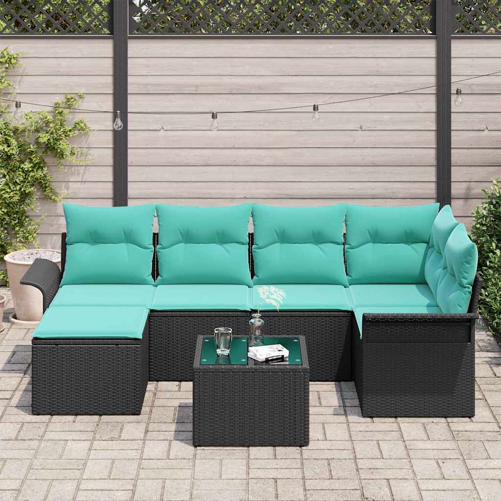 Havesofa Sæt med pude 7 pcs Sort Poly rattan