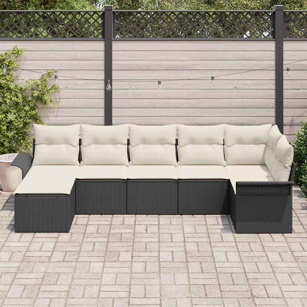 Havesofa Sæt med pude 7 pcs Sort polyrattan