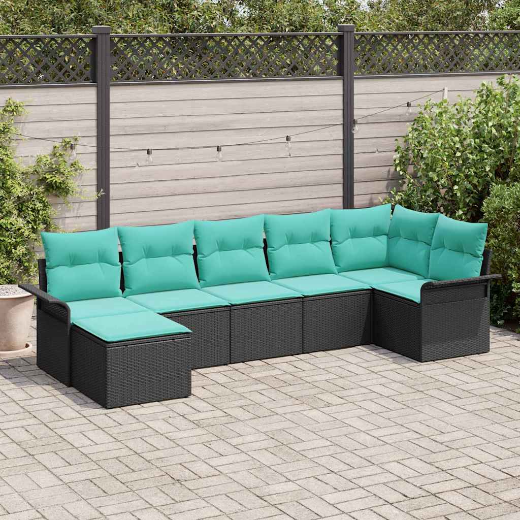Havesofa Sæt med pude 7 pcs Sort polyrattan