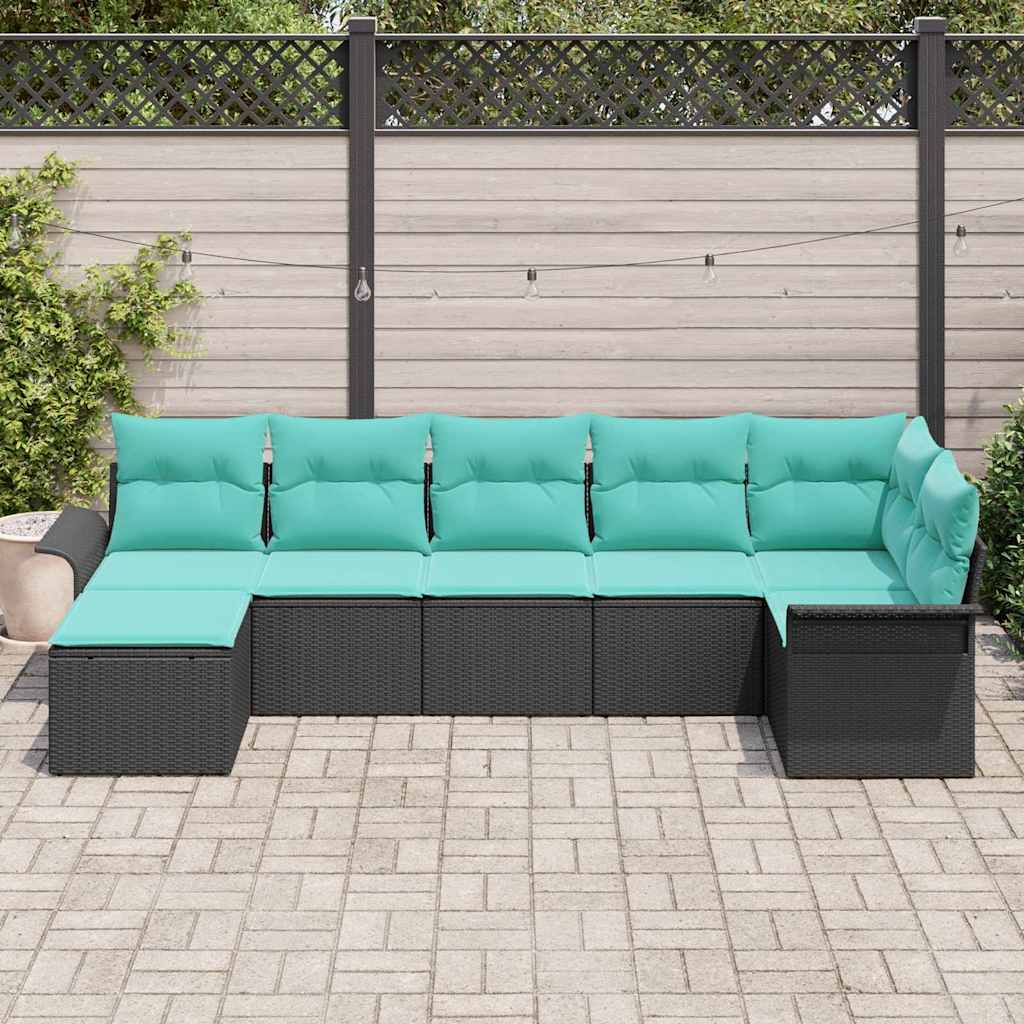 Havesofa Sæt med pude 7 pcs Sort polyrattan