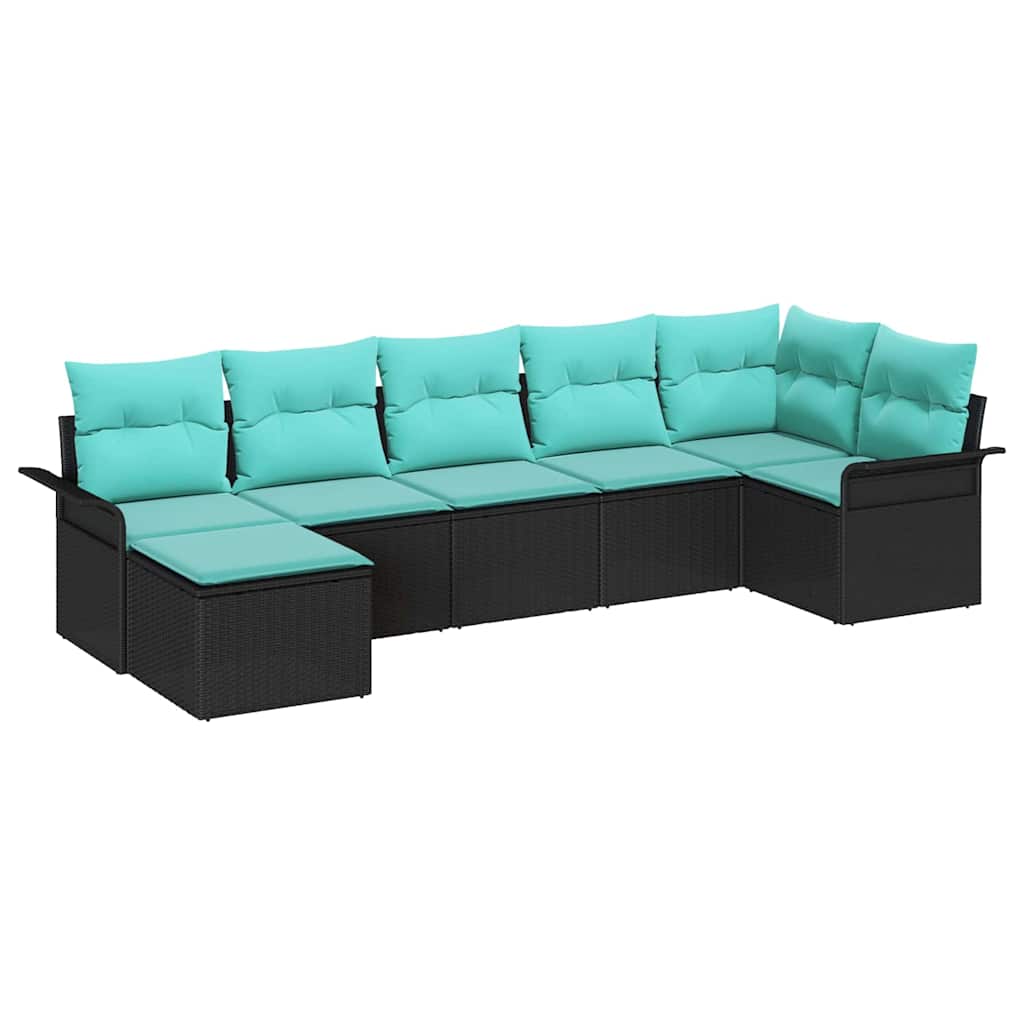 Havesofa Sæt med pude 7 pcs Sort polyrattan