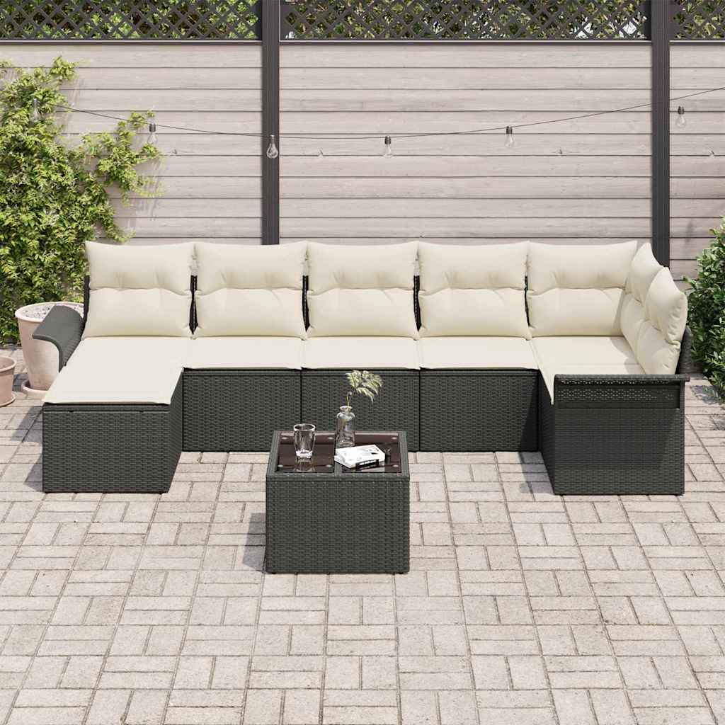 Havesofa Sæt med pude 8 pcs Sort Poly rattan