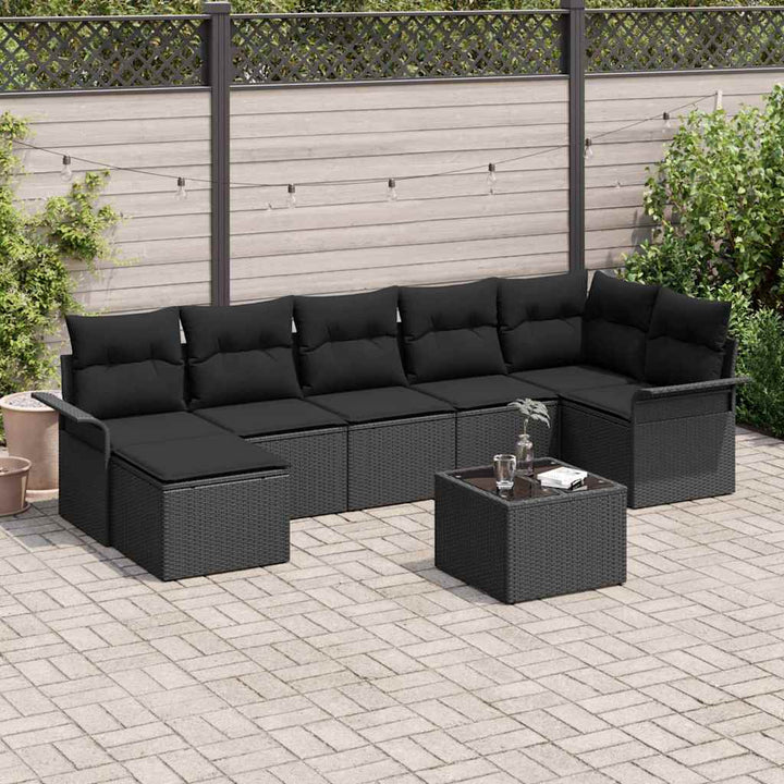 Havesofa Sæt med pude 8 pcs Sort polyrattan